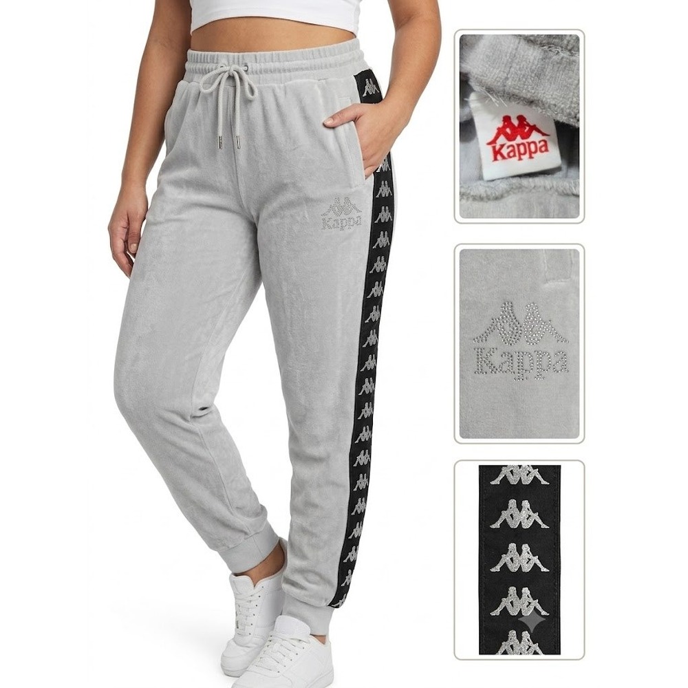 Kappa Womens L Grey Velour Track Pants 222 Banda Shiner Rhinestone Logo Y2K